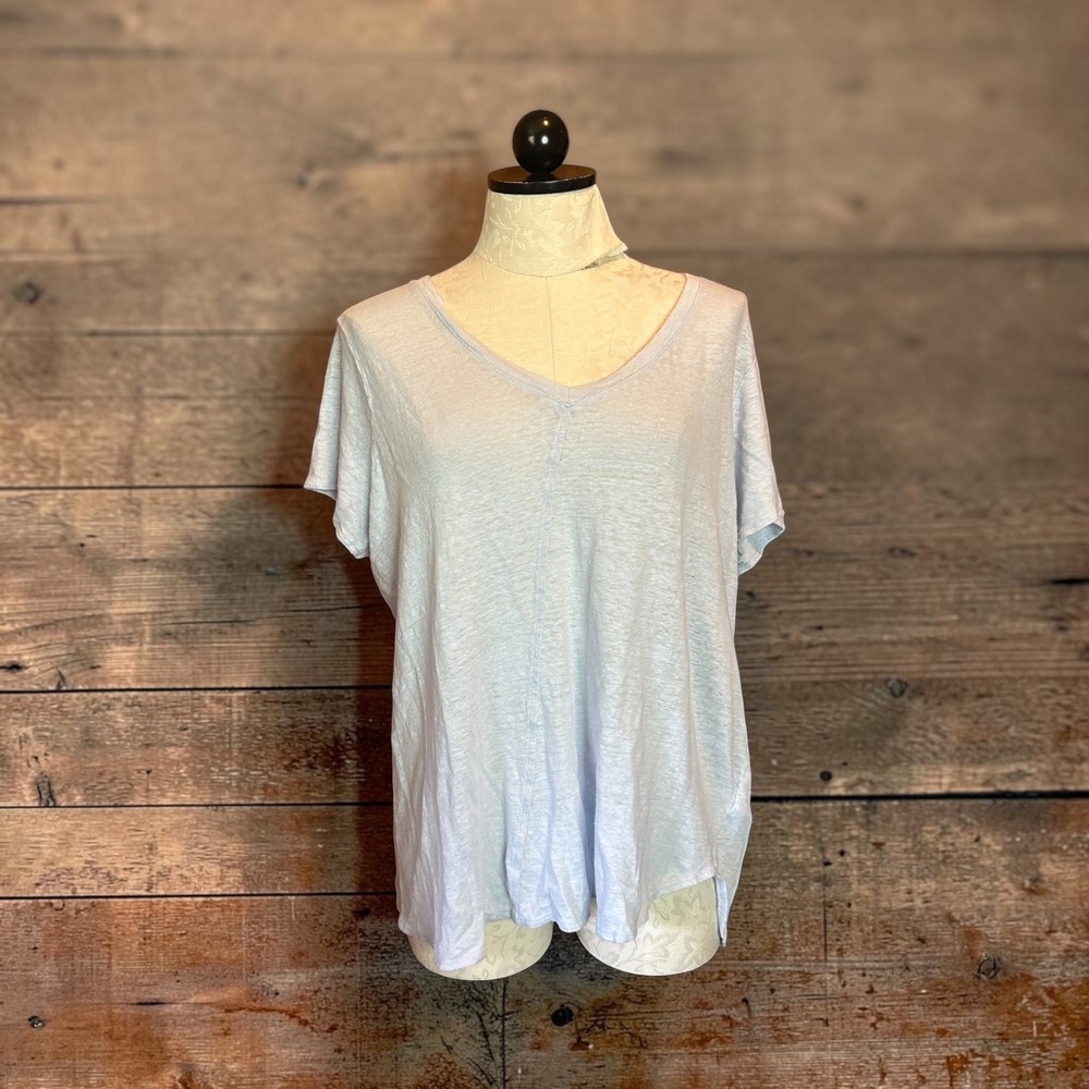 Tahari Light Blue 100% Linen V-Neck Short Sleeve T-shirt Top Plus Sz 1X